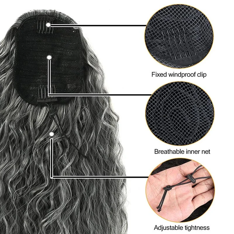 Salt and Pepper Drawstring Ponytail Natural Wavy Curl Human Hair Extensions