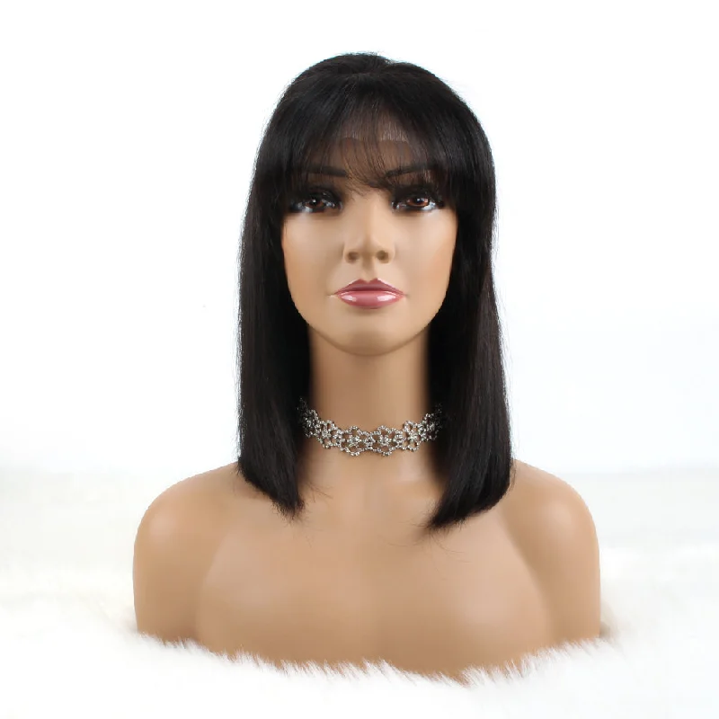 Bob Wigs with Bang 4X4 Lace Wigs Silky Straight Human Hair Wigs Natural Black 150% Density