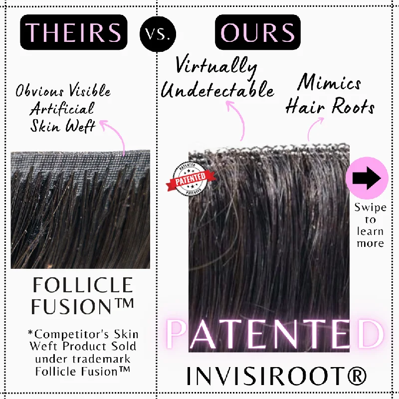 Upgrade from competitor's Follicle Fusion™ Clip-ins to our Patented InVisiRoot® Clip-ins. Experience True Undetectable Results: This is Candice 3A Burmese texture InVisiRoot® Clip-ins