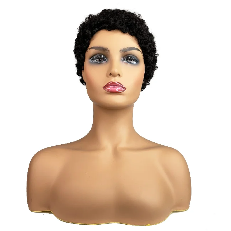 Short Human Hair Curly Wigs #1B