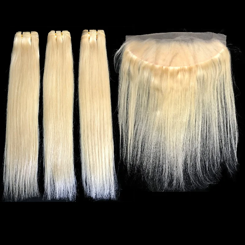 9A Malaysian Platinum Blonde  3 Bundle Set Straight Virgin Human Hair Extension w/ Lace Frontal