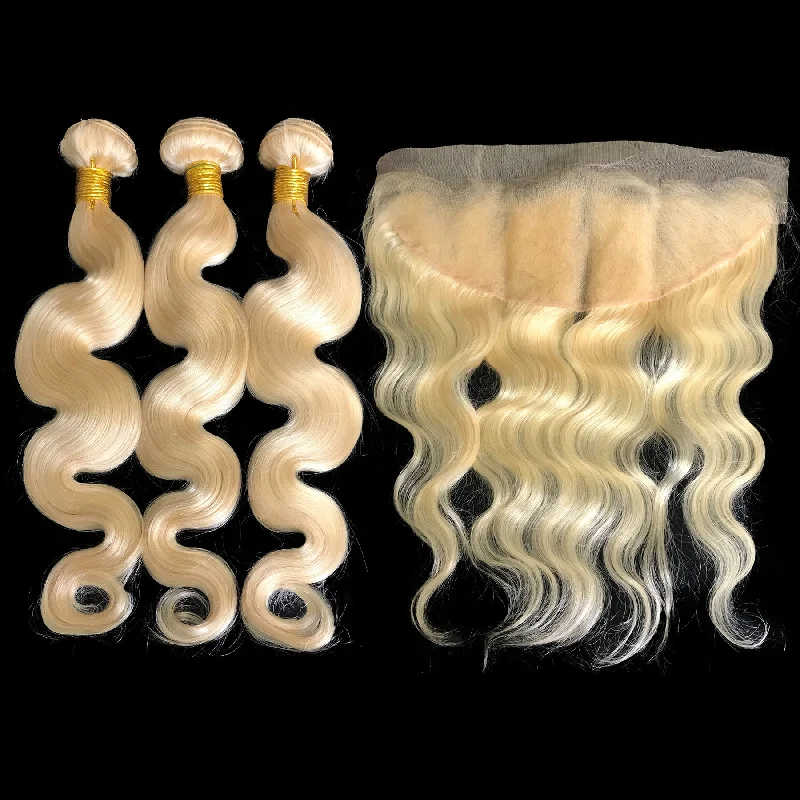 9A Malaysian Platinum Blonde  3 Bundle Set Body Wave Virgin Human Hair Extension w/ Lace Frontal