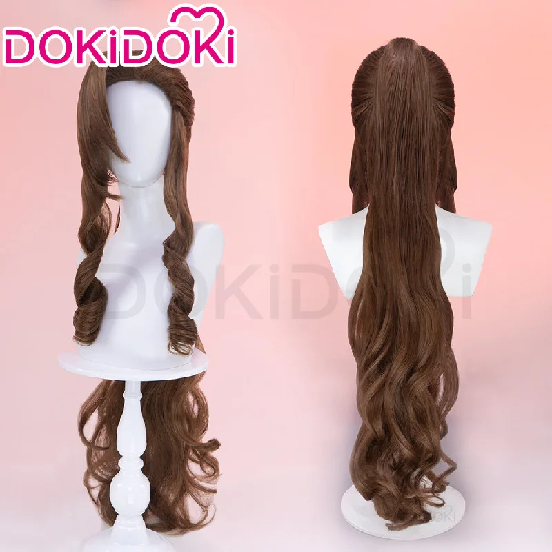 DokiDoki Game  Final Fantasy Cosplay Aerith Wig Brown Long Pony Tail Curly Hari WomenFFVII