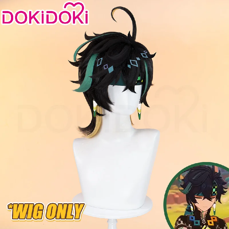 DokiDoki Game Genshin Impact Cosplay Kinich Wig Short Black Green / Yellow Highlights