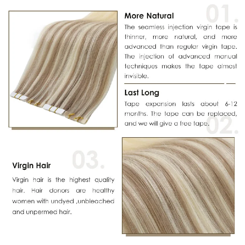 Invisible Seamless Virgin Human Injection Tape in Hair Extensions Blonde Highlights #18/613