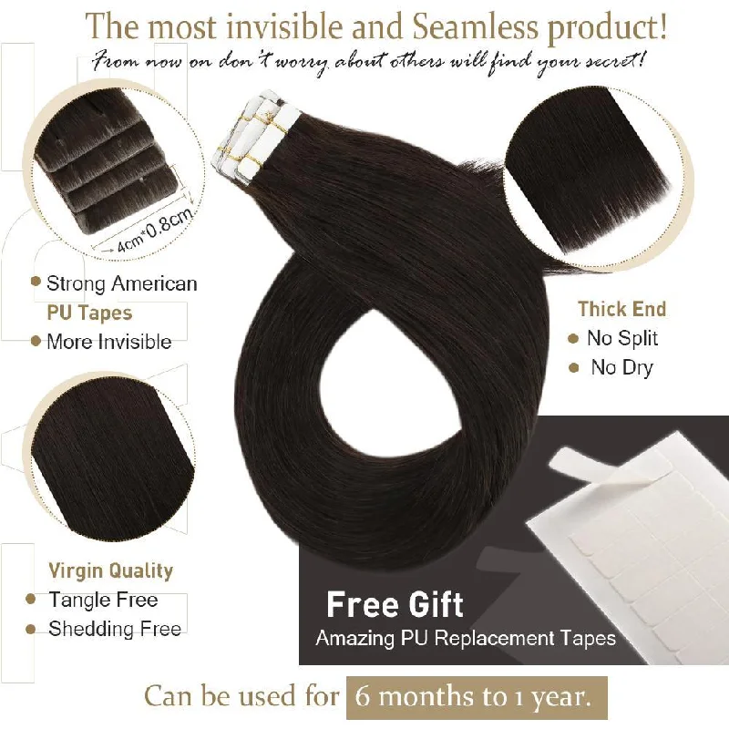 Invisible Seamless Darkest Brown Injection Virgin Tape in Hair Extensions #2