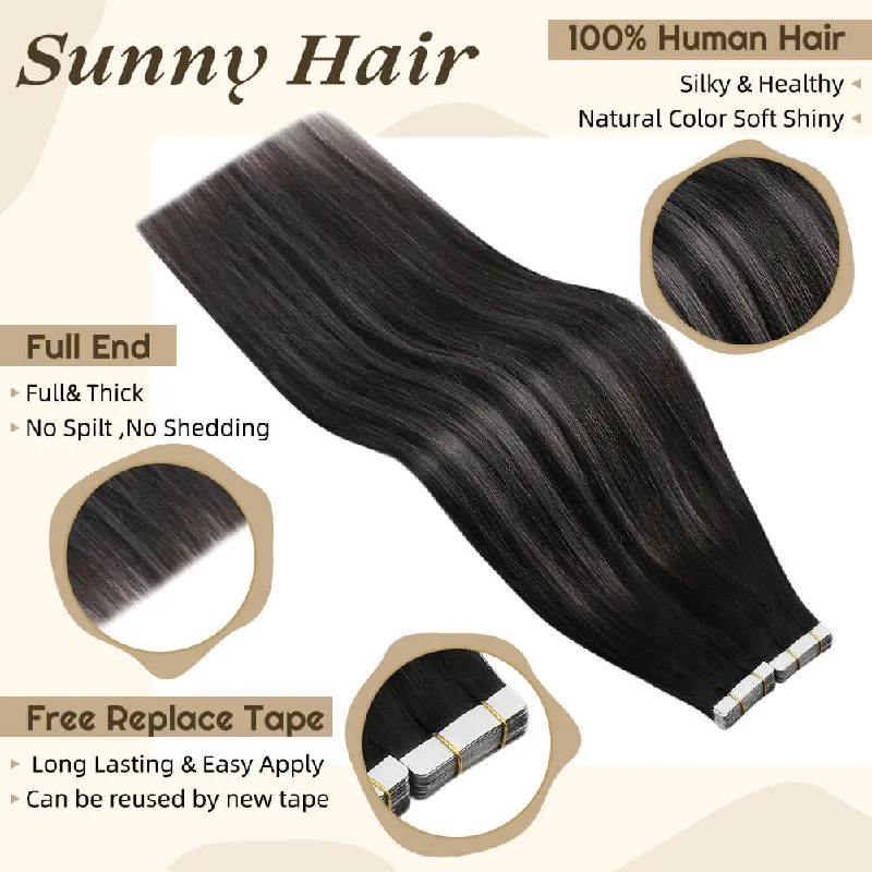 Sunny Hair Tape Hair Extensions Balayage Black and Silver Highlights #1b/silver/1b