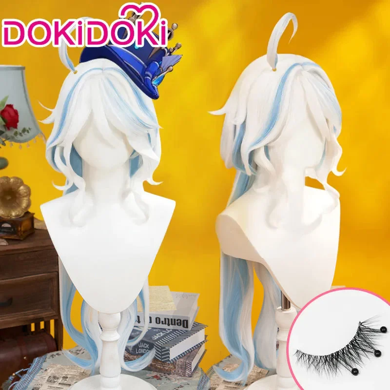 【US LOCAL SHIPPING 】【Long Ver. 】DokiDoki Game Genshin Impact Cosplay Fontaine Focalors Wig Long White Blue Curly Wig Furina Fake Eyelashes