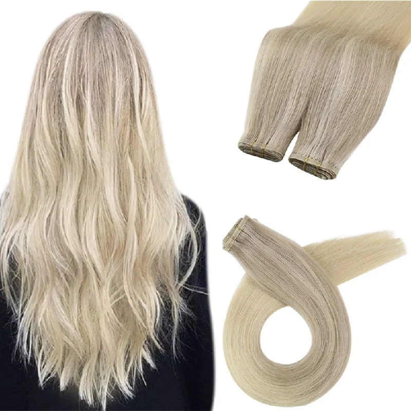 Flat Silk Weft PU Sew In Virgin Hair Balayage Blonde Double Weft Hair Extensions For Women #18/22/60