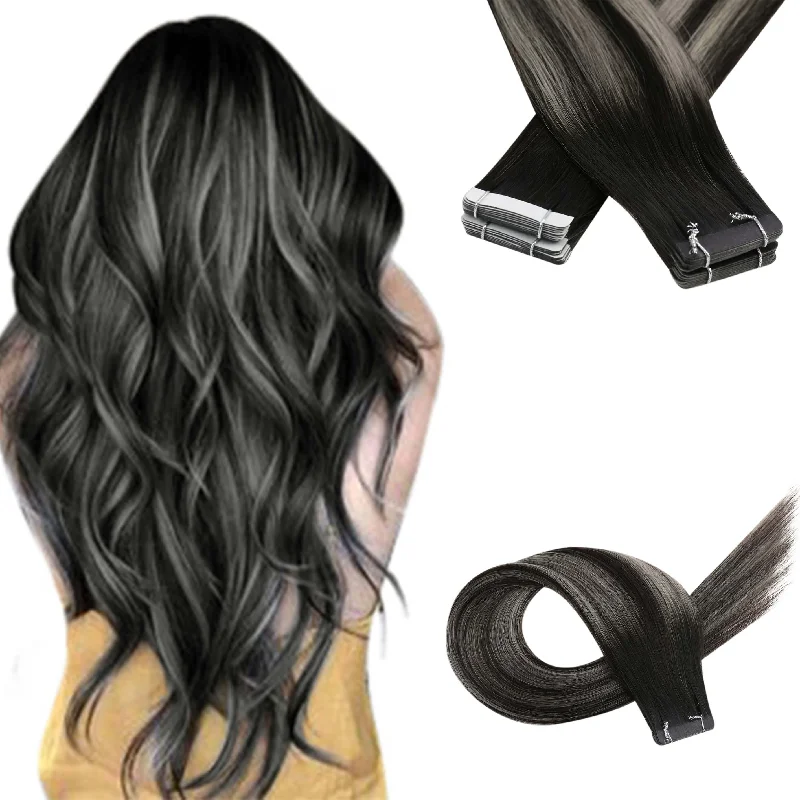 Ombre Brown Virgin Real Hair Extensions Tape in Hair #1B/Silver/1B