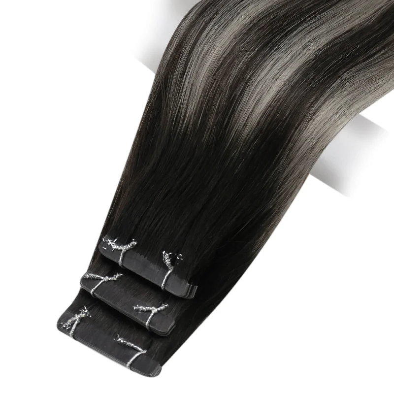 Ombre Brown Virgin Real Hair Extensions Tape in Hair #1B/Silver/1B