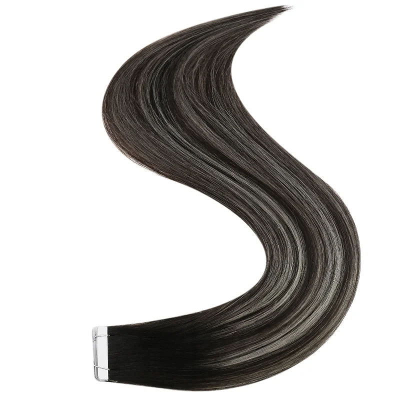 Ombre Brown Virgin Real Hair Extensions Tape in Hair #1B/Silver/1B