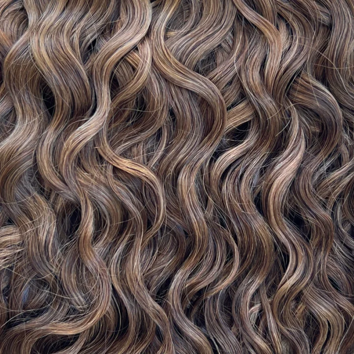 Wavy Curly Chocolate Brown + Dark Blonde Highlights Classic Clip-Ins